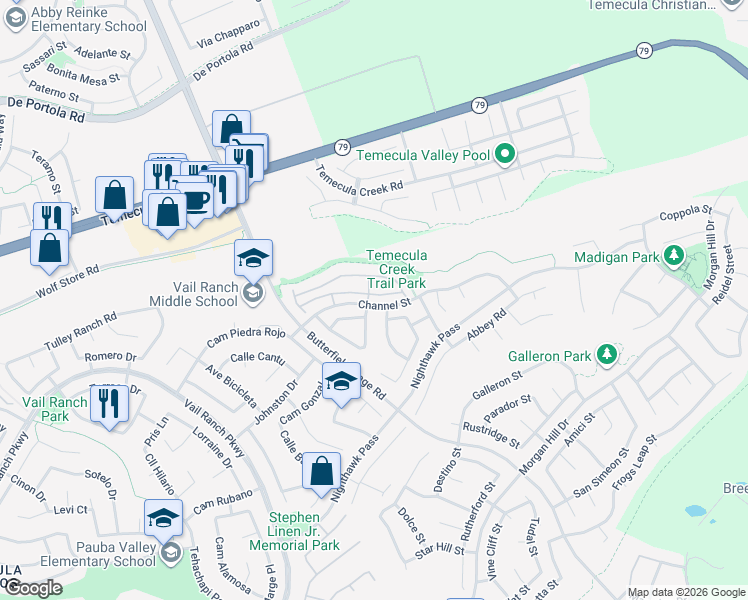 map of restaurants, bars, coffee shops, grocery stores, and more near 44365 Penbrook Lane in Temecula