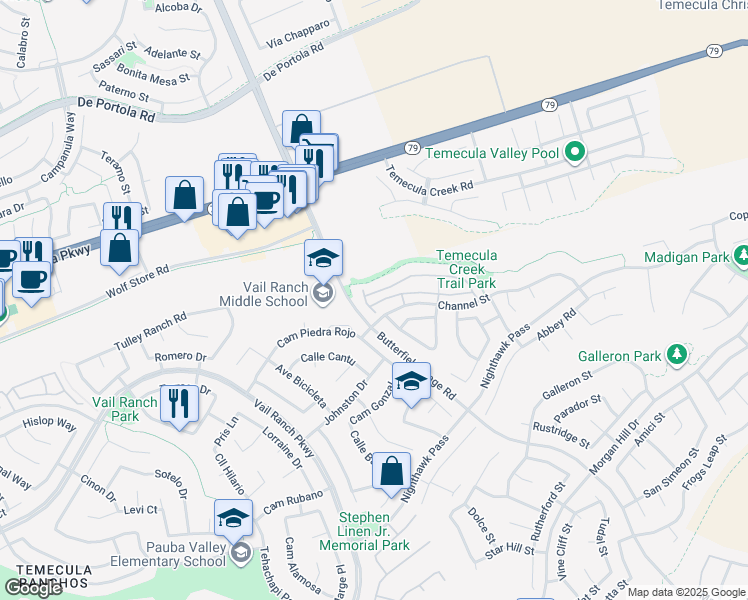 map of restaurants, bars, coffee shops, grocery stores, and more near 33417 Emerson Way in Temecula
