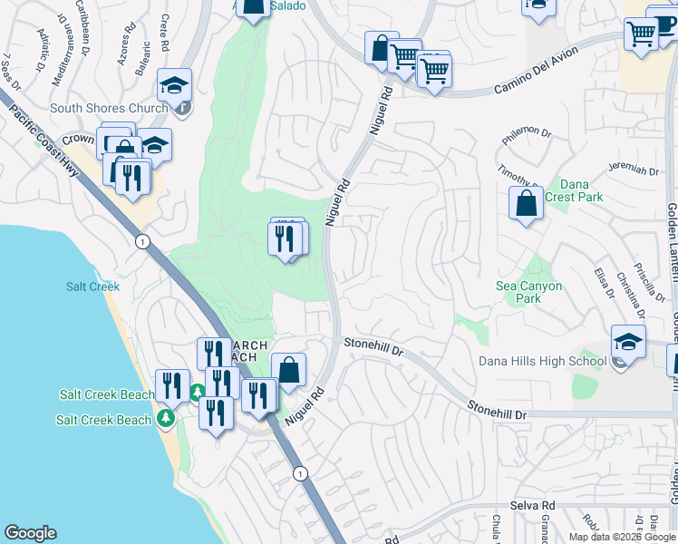 map of restaurants, bars, coffee shops, grocery stores, and more near 102 Tennis Villas Drive in Dana Point