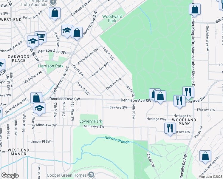 map of restaurants, bars, coffee shops, grocery stores, and more near 1320 15th Way Southwest in Birmingham