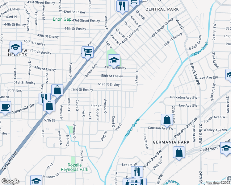 map of restaurants, bars, coffee shops, grocery stores, and more near 5219 Court Q in Birmingham