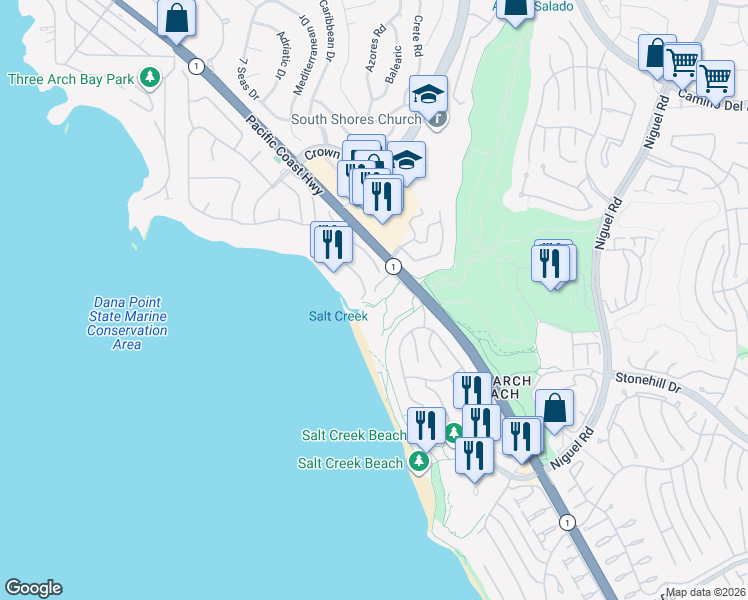 map of restaurants, bars, coffee shops, grocery stores, and more near 6 Monarch Cove in Dana Point