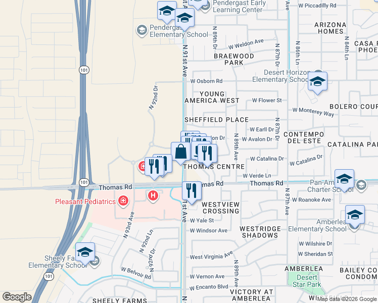 map of restaurants, bars, coffee shops, grocery stores, and more near 9063 West Pinchot Avenue in Phoenix
