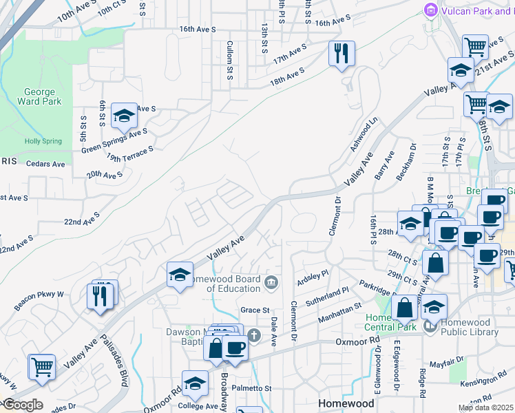 map of restaurants, bars, coffee shops, grocery stores, and more near 931 Valley Ridge Drive in Homewood