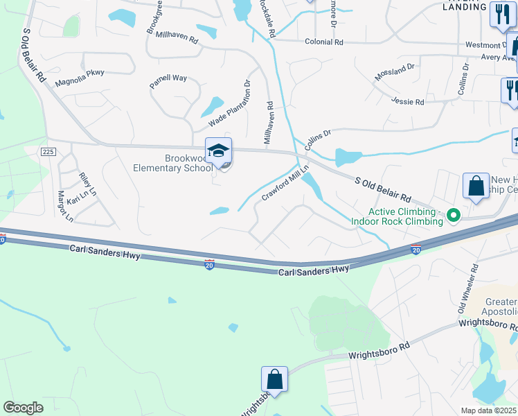 map of restaurants, bars, coffee shops, grocery stores, and more near 344 Crawford Mill Lane in Grovetown