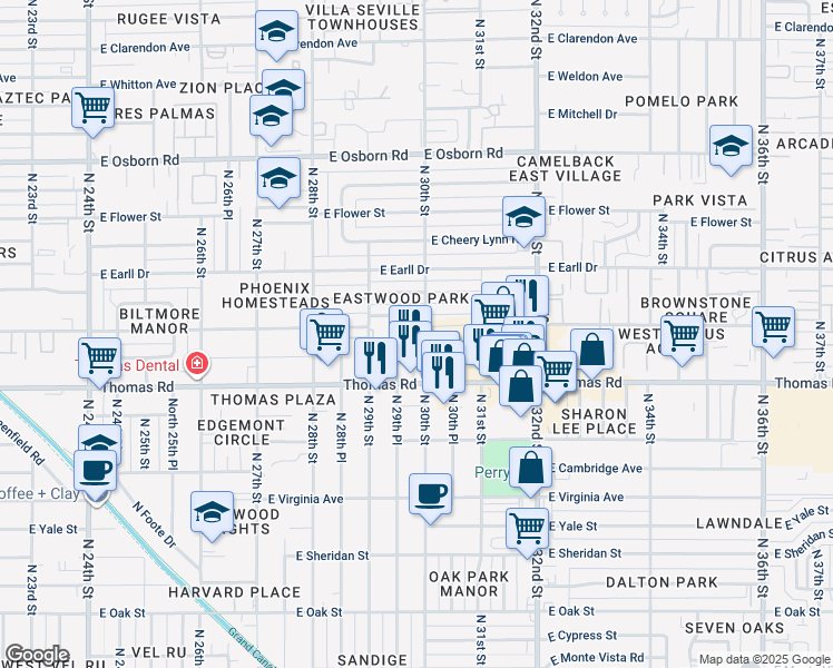 map of restaurants, bars, coffee shops, grocery stores, and more near 3036 East Thomas Road in Phoenix