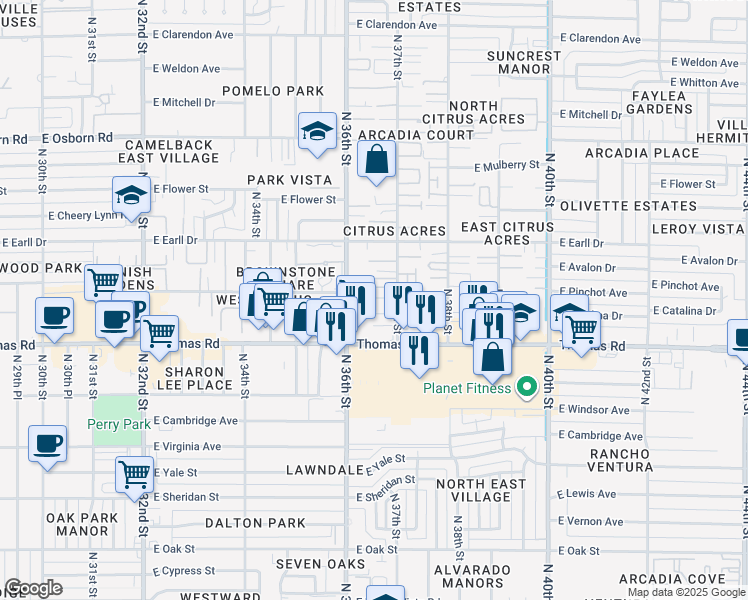 map of restaurants, bars, coffee shops, grocery stores, and more near 2929 North 36th Street in Phoenix