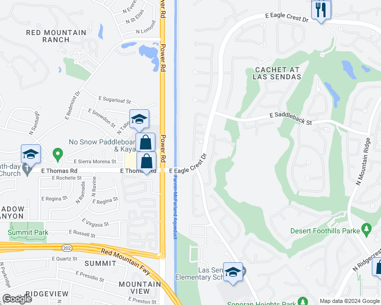 map of restaurants, bars, coffee shops, grocery stores, and more near 3638 North Sonoran Hills in Mesa