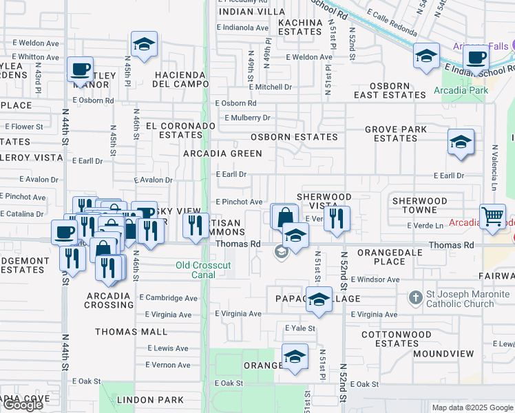 map of restaurants, bars, coffee shops, grocery stores, and more near 4915 East Pinchot Avenue in Phoenix