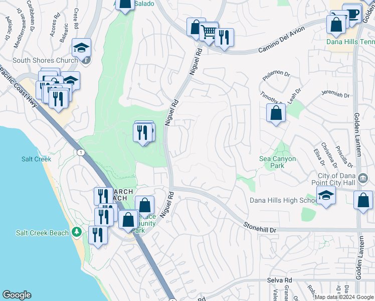 map of restaurants, bars, coffee shops, grocery stores, and more near 62 Tennis Villas Drive in Dana Point
