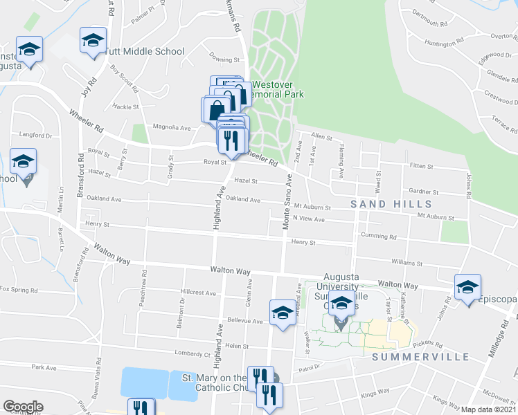 map of restaurants, bars, coffee shops, grocery stores, and more near 2641 Henry Street in Augusta