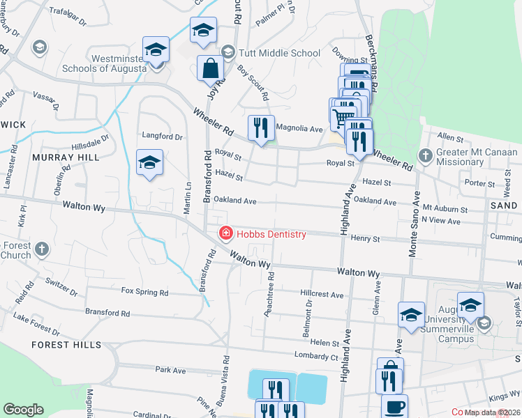 map of restaurants, bars, coffee shops, grocery stores, and more near 2909 Henry Street in Augusta