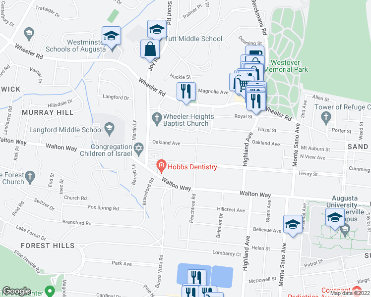 map of restaurants, bars, coffee shops, grocery stores, and more near 2804 Oakland Avenue in Augusta