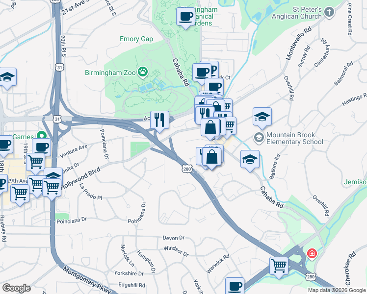 map of restaurants, bars, coffee shops, grocery stores, and more near 2305 Montevallo Road in Mountain Brook