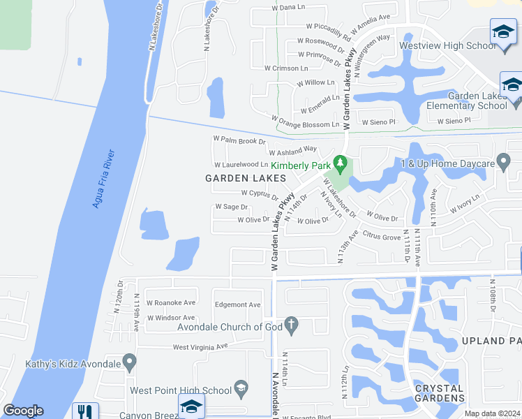 map of restaurants, bars, coffee shops, grocery stores, and more near 3122 North 115th Lane in Avondale