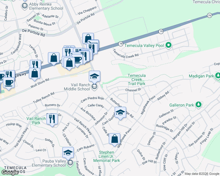 map of restaurants, bars, coffee shops, grocery stores, and more near 33423 Winston Way in Temecula