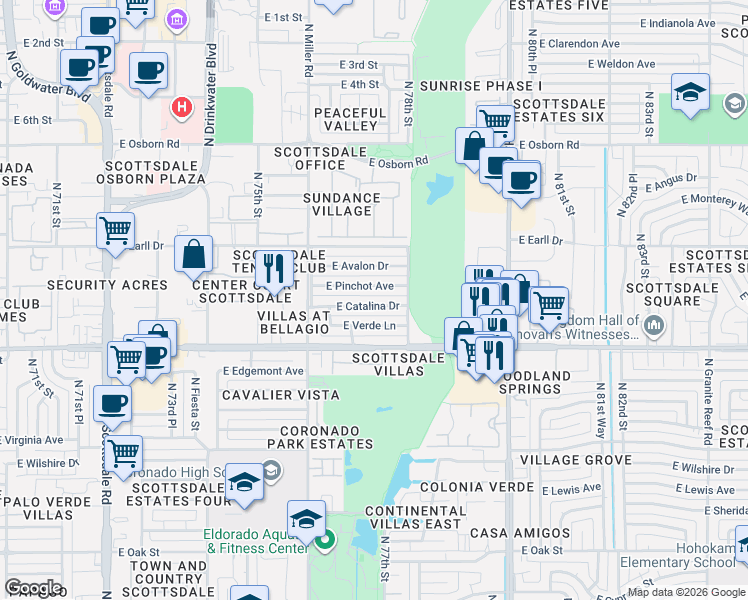map of restaurants, bars, coffee shops, grocery stores, and more near 7720 East Verde Lane in Scottsdale