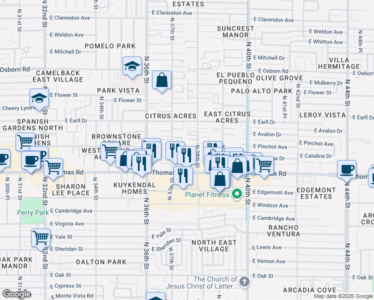 map of restaurants, bars, coffee shops, grocery stores, and more near 2930 North 38th Street in Phoenix