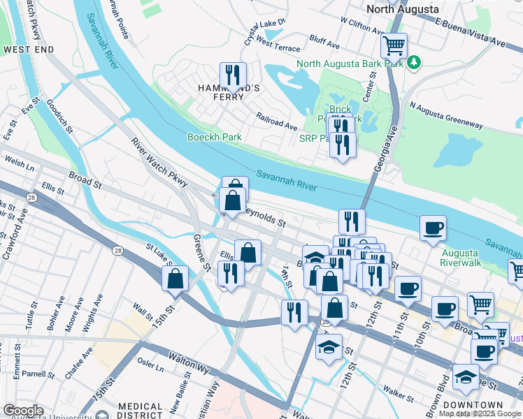 map of restaurants, bars, coffee shops, grocery stores, and more near 1432 Reynolds St in Augusta