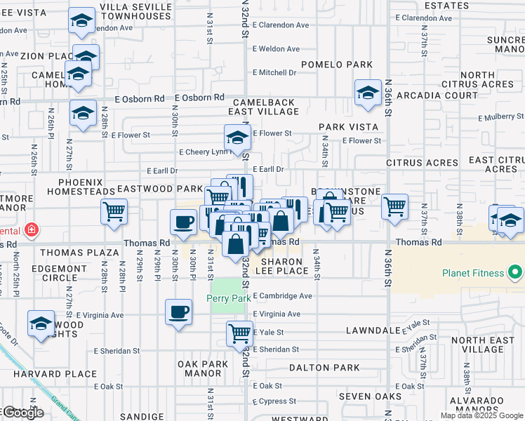 map of restaurants, bars, coffee shops, grocery stores, and more near 2921 North 32nd Street in Phoenix