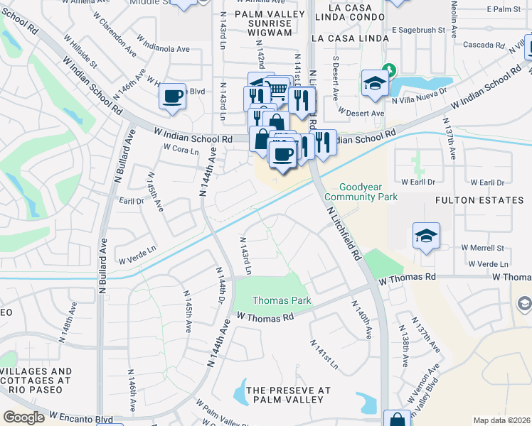 map of restaurants, bars, coffee shops, grocery stores, and more near 14123 West Smalley Street in Goodyear