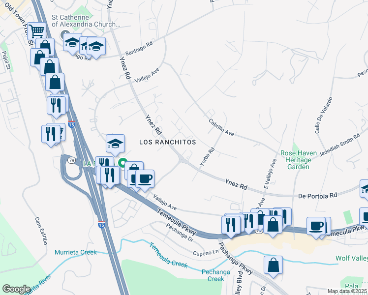 map of restaurants, bars, coffee shops, grocery stores, and more near 29370 Ynez Road in Temecula
