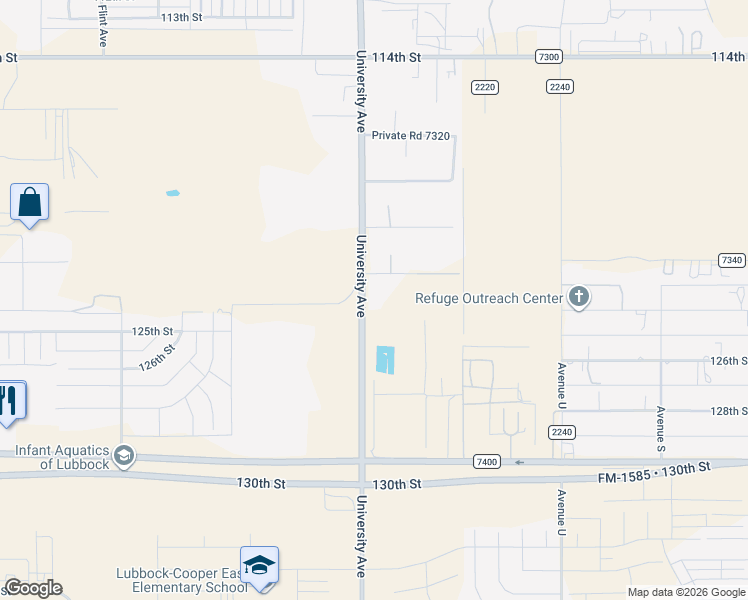 map of restaurants, bars, coffee shops, grocery stores, and more near 12411 University Avenue in Lubbock