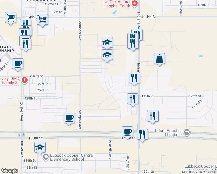 map of restaurants, bars, coffee shops, grocery stores, and more near 122nd Street in Lubbock