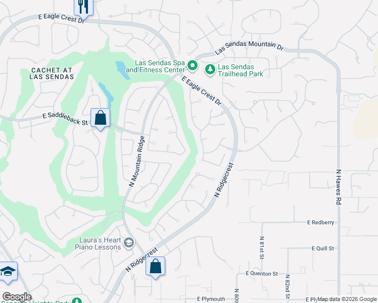 map of restaurants, bars, coffee shops, grocery stores, and more near 7751 East Sayan Street in Mesa