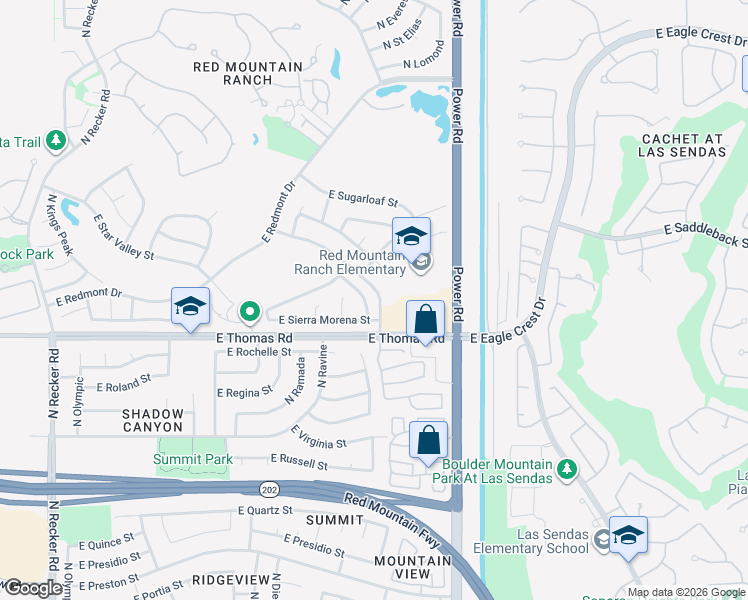 map of restaurants, bars, coffee shops, grocery stores, and more near 6644 East Thomas Road in Mesa