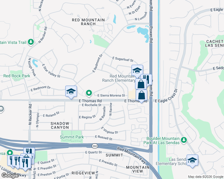 map of restaurants, bars, coffee shops, grocery stores, and more near 6520 East Sierra Morena Street in Mesa