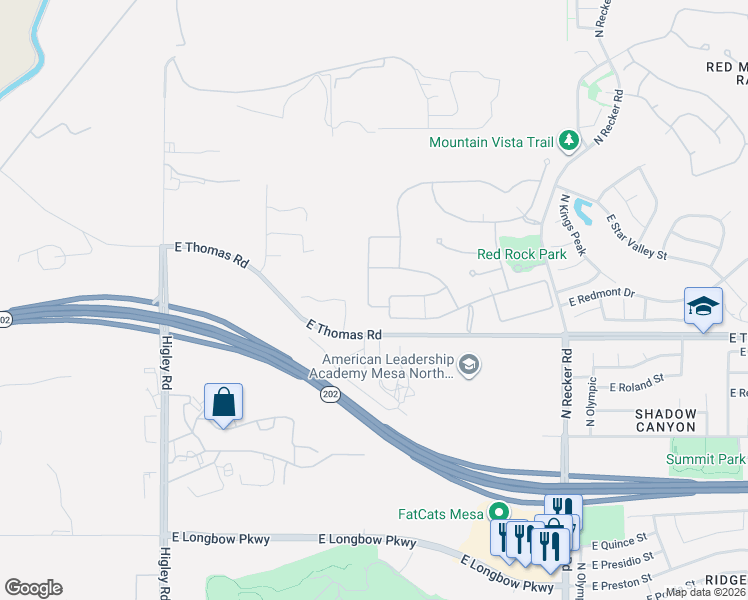 map of restaurants, bars, coffee shops, grocery stores, and more near 5610 East Thomas Road in Mesa