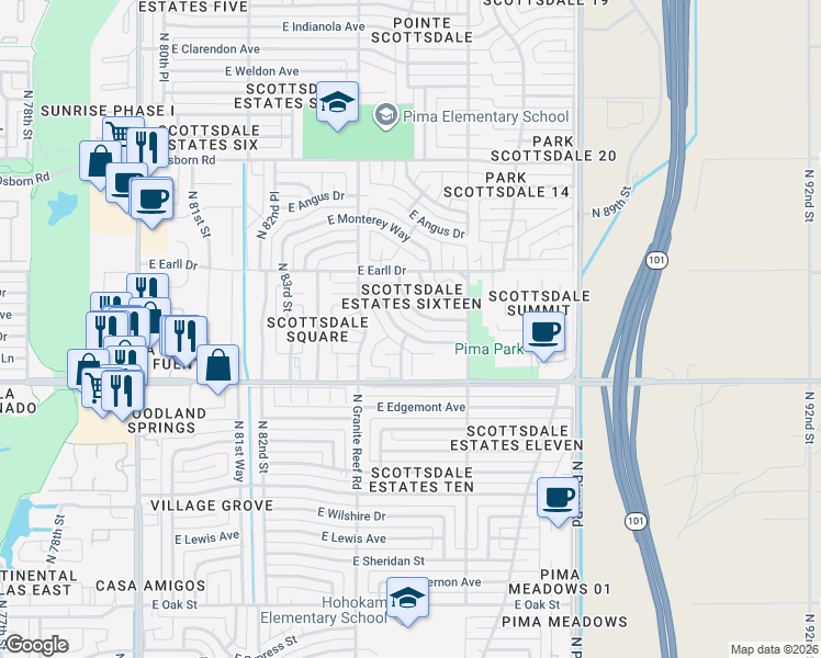 map of restaurants, bars, coffee shops, grocery stores, and more near 2921 North 84th Place in Scottsdale