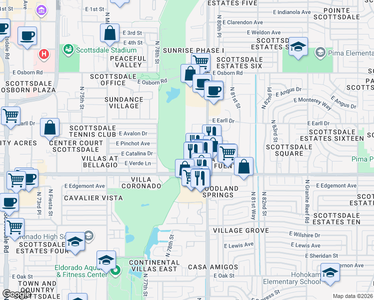 map of restaurants, bars, coffee shops, grocery stores, and more near 7910 East Thomas Road in Scottsdale