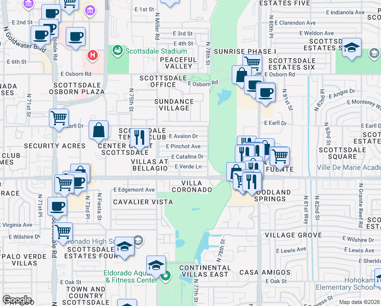 map of restaurants, bars, coffee shops, grocery stores, and more near 7720 East Verde Lane in Scottsdale