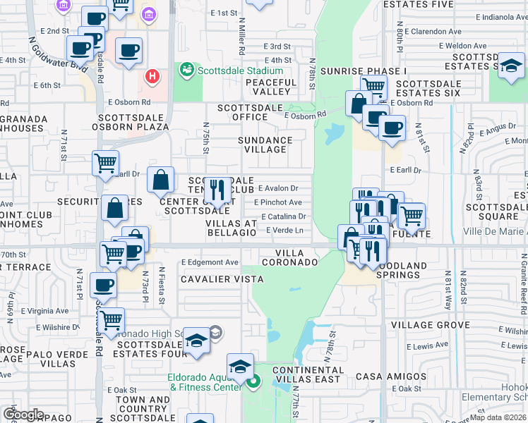 map of restaurants, bars, coffee shops, grocery stores, and more near 7624 East Verde Lane in Scottsdale