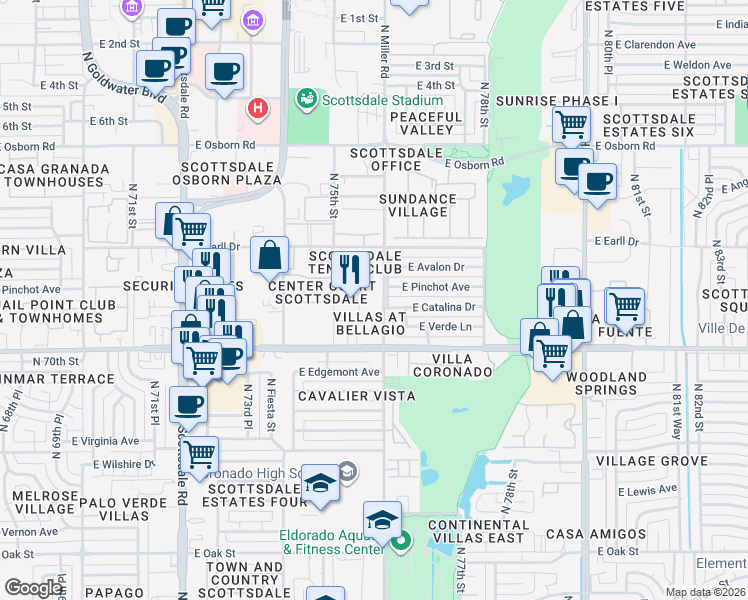 map of restaurants, bars, coffee shops, grocery stores, and more near 2992 North Miller Road in Scottsdale