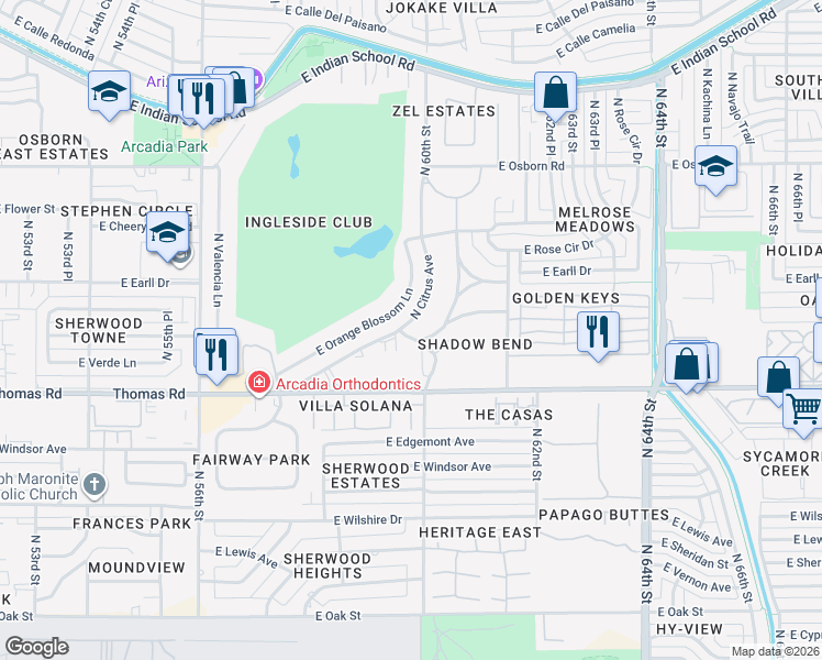 map of restaurants, bars, coffee shops, grocery stores, and more near 5900 East Thomas Road in Scottsdale