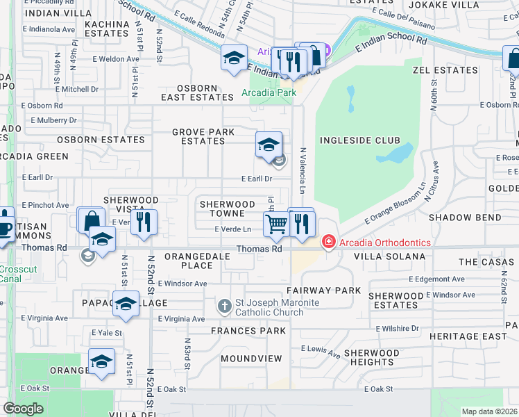 map of restaurants, bars, coffee shops, grocery stores, and more near 5501 East Pinchot Avenue in Phoenix