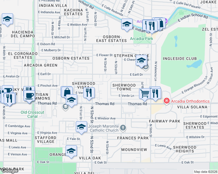 map of restaurants, bars, coffee shops, grocery stores, and more near 2940 North 53rd Place in Phoenix