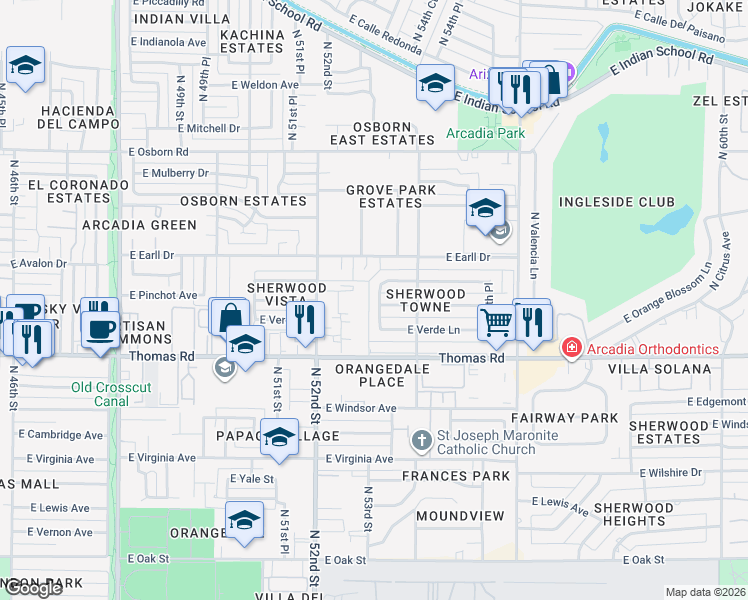 map of restaurants, bars, coffee shops, grocery stores, and more near 2940 North 53rd Place in Phoenix