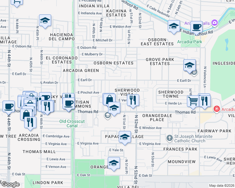 map of restaurants, bars, coffee shops, grocery stores, and more near 5102 East Verde Lane in Phoenix