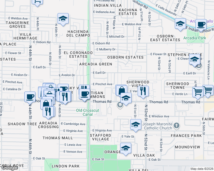 map of restaurants, bars, coffee shops, grocery stores, and more near 4915 East Pinchot Avenue in Phoenix