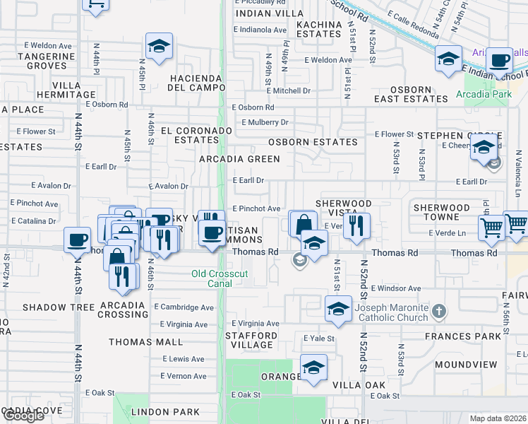 map of restaurants, bars, coffee shops, grocery stores, and more near 4915 East Pinchot Avenue in Phoenix