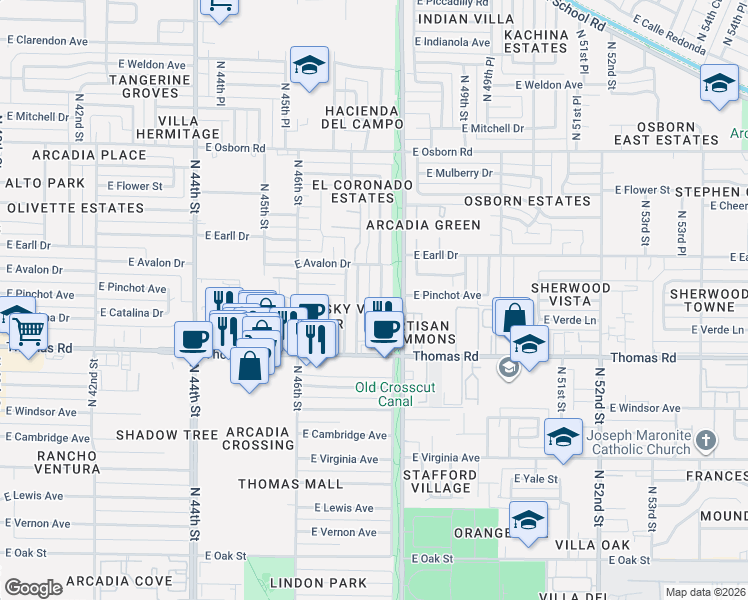 map of restaurants, bars, coffee shops, grocery stores, and more near 2934 North 47th Place in Phoenix