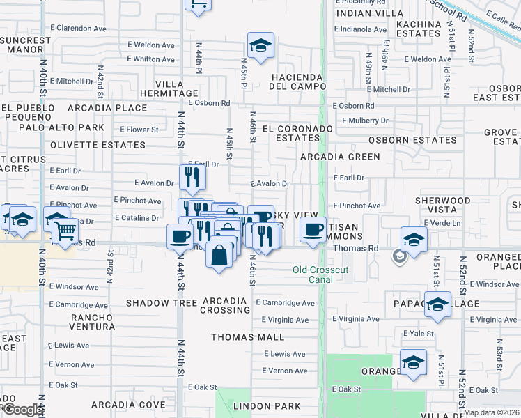 map of restaurants, bars, coffee shops, grocery stores, and more near 4601 East Catalina Drive in Phoenix