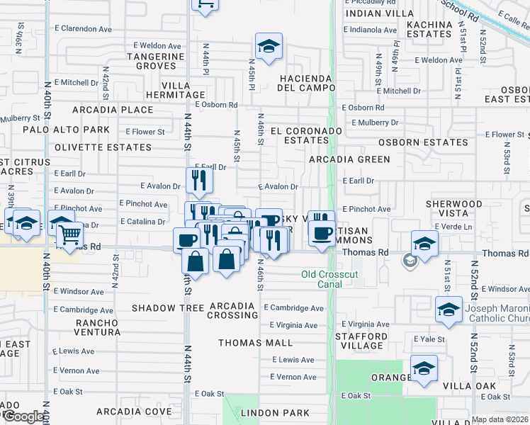map of restaurants, bars, coffee shops, grocery stores, and more near 2927-2963 North 46th Street in Phoenix