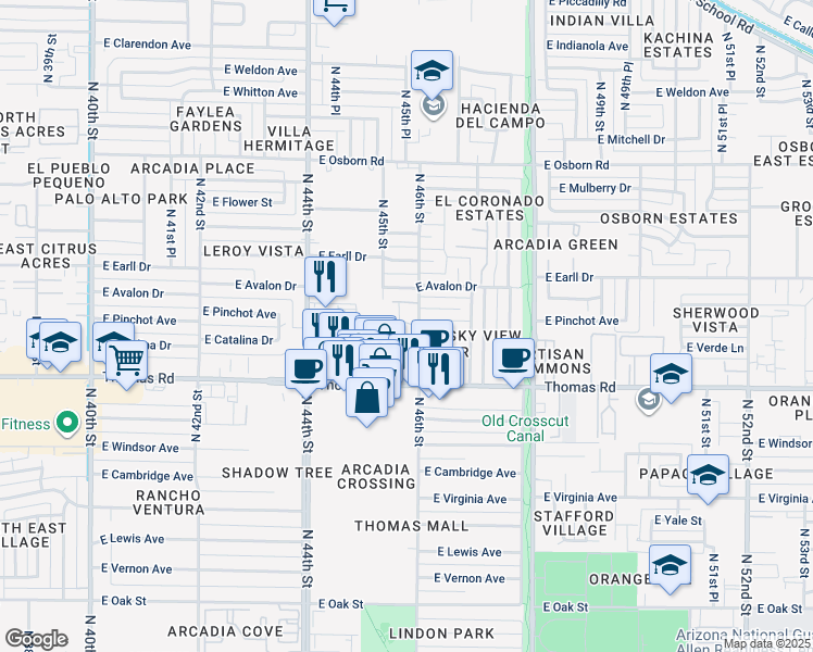 map of restaurants, bars, coffee shops, grocery stores, and more near 4601 East Catalina Drive in Phoenix