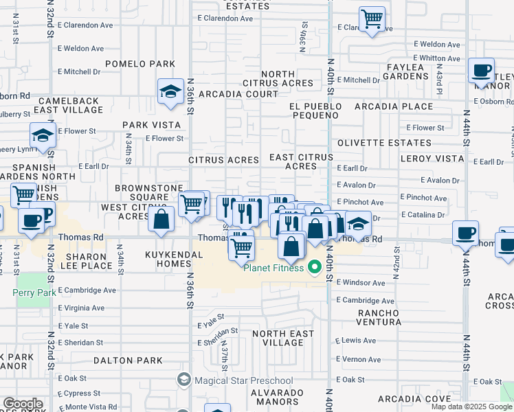 map of restaurants, bars, coffee shops, grocery stores, and more near 2930 North 38th Street in Phoenix