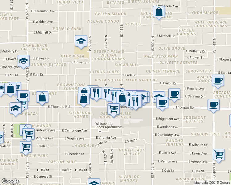 map of restaurants, bars, coffee shops, grocery stores, and more near 2930 North 38th Street in Phoenix